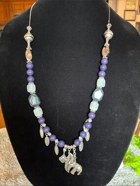 Chico's Purple and Light Blue Beaded Elephant Charm Necklace